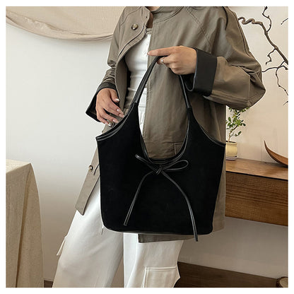 Black Chic Retro Suede-Finish PU Leather Tote Bag - Large Capacity Shoulder Bag with Tie Accent V888-ELOSUNG32448