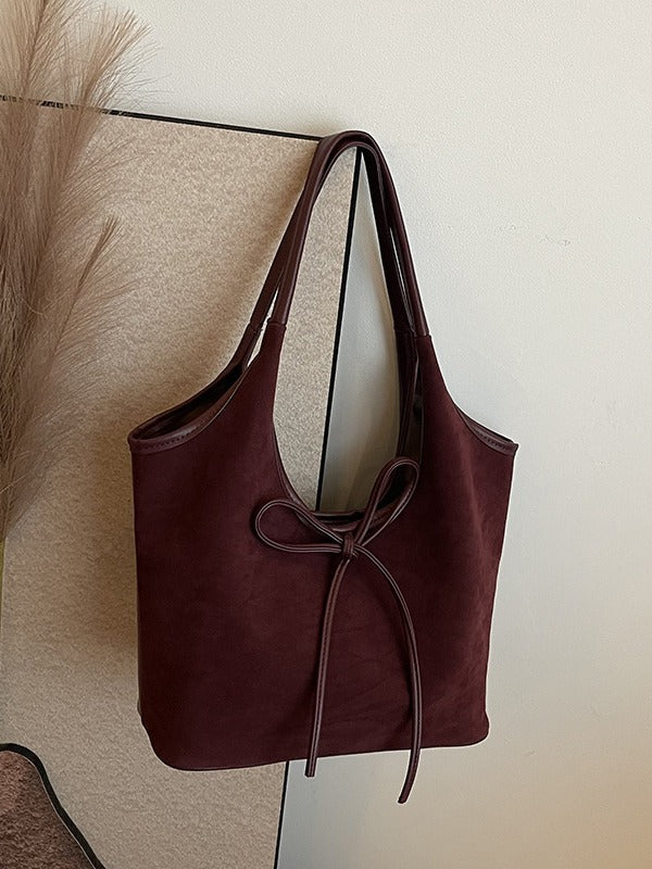 Claret Red Chic Retro Suede-Finish PU Leather Tote Bag - Large Capacity Shoulder Bag with Tie Accent V888-ELOSUNG32449