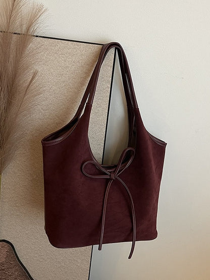 Claret Red Chic Retro Suede-Finish PU Leather Tote Bag - Large Capacity Shoulder Bag with Tie Accent V888-ELOSUNG32449