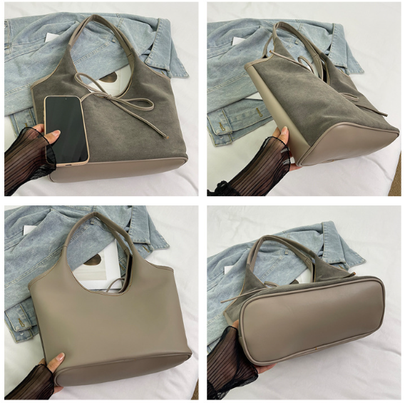 Claret Red Chic Retro Suede-Finish PU Leather Tote Bag - Large Capacity Shoulder Bag with Tie Accent V888-ELOSUNG32449