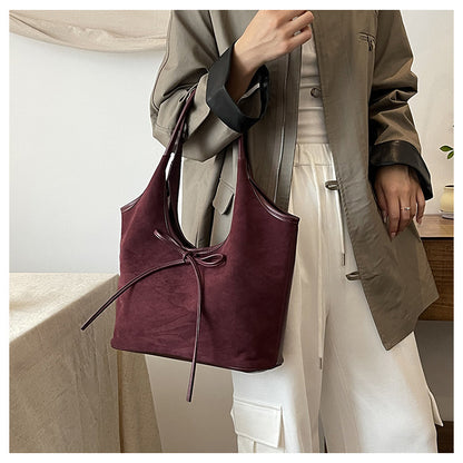 Claret Red Chic Retro Suede-Finish PU Leather Tote Bag - Large Capacity Shoulder Bag with Tie Accent V888-ELOSUNG32449