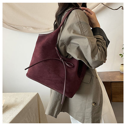 Claret Red Chic Retro Suede-Finish PU Leather Tote Bag - Large Capacity Shoulder Bag with Tie Accent V888-ELOSUNG32449