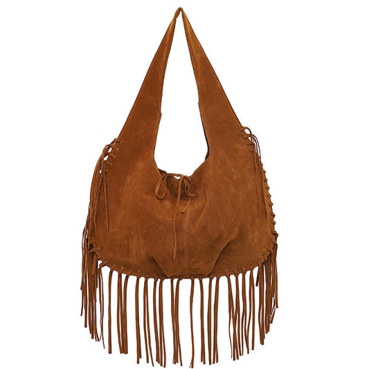 Brown Boho Chic Fringed Hobo Bag - Large Capacity Soft Faux Suede Shoulder Tote with Tassel Detail V888-ELOSUNG32456