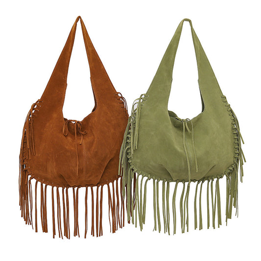 Brown Boho Chic Fringed Hobo Bag - Large Capacity Soft Faux Suede Shoulder Tote with Tassel Detail V888-ELOSUNG32456