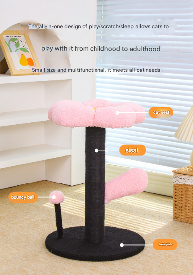 Pink and Black Adorable Flower Cat Tree - Plush Perch, Sisal Scratching Post & Spring Ball Toy V888-ELOSUNG32465