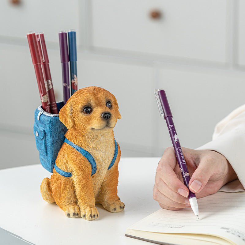 Blue Backpack Charming Golden Retriever Puppy Pen Holder - Resin Desktop Organizer & Decorative Figurine V888-ELOSUNG32494