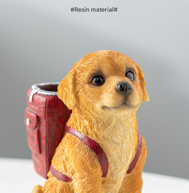 Blue Backpack Charming Golden Retriever Puppy Pen Holder - Resin Desktop Organizer & Decorative Figurine V888-ELOSUNG32494