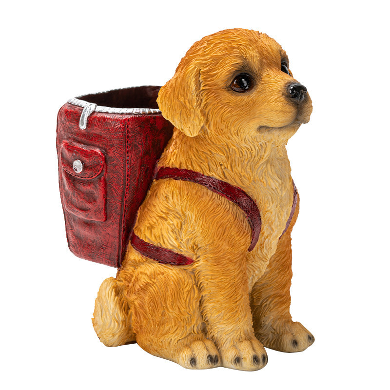 Red Backpack Charming Golden Retriever Puppy Pen Holder - Resin Desktop Organizer & Decorative Figurine V888-ELOSUNG32495