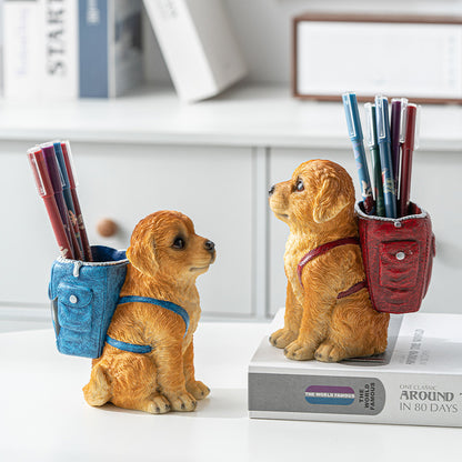 Red Backpack Charming Golden Retriever Puppy Pen Holder - Resin Desktop Organizer & Decorative Figurine V888-ELOSUNG32495