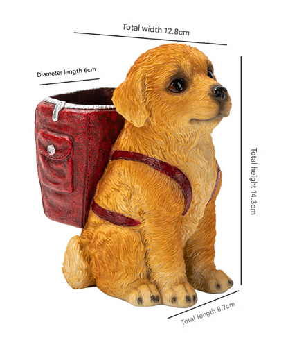 Red Backpack Charming Golden Retriever Puppy Pen Holder - Resin Desktop Organizer & Decorative Figurine V888-ELOSUNG32495