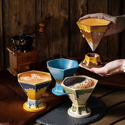 Brown and Gold Artistic Hexagonal Ceramic Coffee Cup & Stand Set - 180ml Nordic Design Drip Glaze Mug V888-ELOSUNG32520