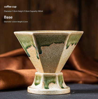 Beige and Green Artistic Hexagonal Ceramic Coffee Cup & Stand Set - 180ml Nordic Design Drip Glaze Mug V888-ELOSUNG32521