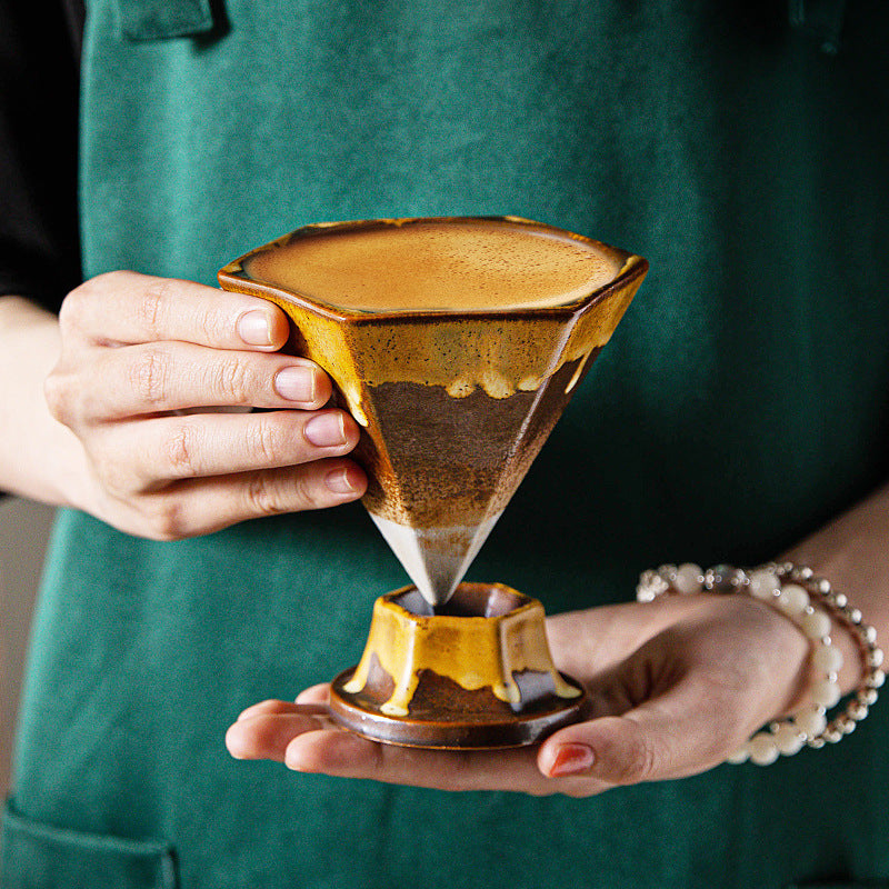 Beige and Green Artistic Hexagonal Ceramic Coffee Cup & Stand Set - 180ml Nordic Design Drip Glaze Mug V888-ELOSUNG32521