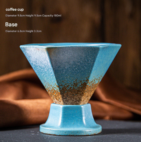 Blue and Brown Artistic Hexagonal Ceramic Coffee Cup & Stand Set - 180ml Nordic Design Drip Glaze Mug V888-ELOSUNG32522