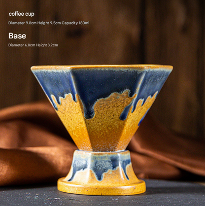 Blue and Gold Artistic Hexagonal Ceramic Coffee Cup & Stand Set - 180ml Nordic Design Drip Glaze Mug V888-ELOSUNG32523