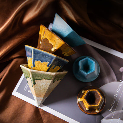 Blue and Gold Artistic Hexagonal Ceramic Coffee Cup & Stand Set - 180ml Nordic Design Drip Glaze Mug V888-ELOSUNG32523