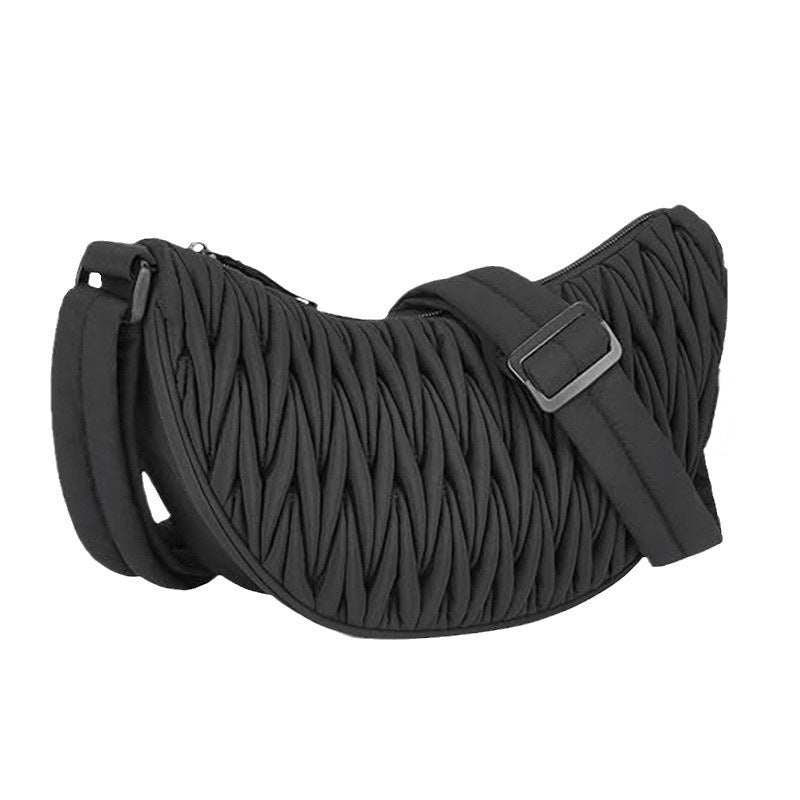 Black Chic Pleated Crescent Sling Bag - Water-Resistant Lightweight Crossbody & Shoulder Purse V888-ELOSUNG32555