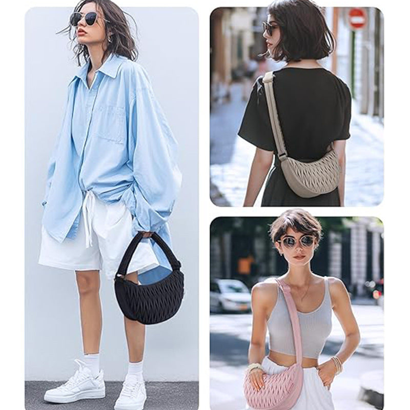 Black Chic Pleated Crescent Sling Bag - Water-Resistant Lightweight Crossbody & Shoulder Purse V888-ELOSUNG32555