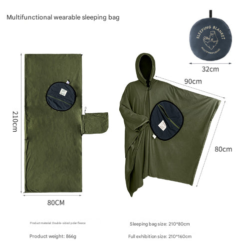 Green Cozy 4-in-1 Wearable Fleece Poncho Sleeping Bag - Multifunctional Camping Blanket with Detachable Hood V888-ELOSUNG32563