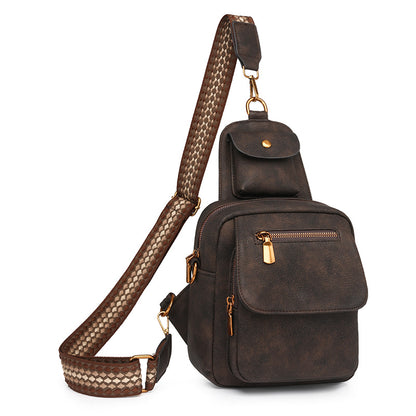 Coffee Stylish PU Leather Sling Crossbody Bag for Women - Multi-Pocket Chest Pack with Adjustable Wide Strap V888-ELOSUNG32577