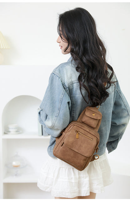Coffee Stylish PU Leather Sling Crossbody Bag for Women - Multi-Pocket Chest Pack with Adjustable Wide Strap V888-ELOSUNG32577