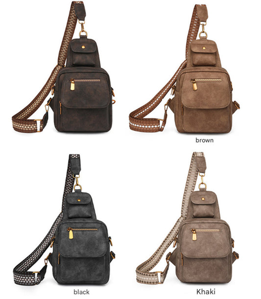 Black Stylish PU Leather Sling Crossbody Bag for Women - Multi-Pocket Chest Pack with Adjustable Wide Strap V888-ELOSUNG32578