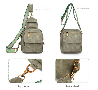 Black Stylish PU Leather Sling Crossbody Bag for Women - Multi-Pocket Chest Pack with Adjustable Wide Strap V888-ELOSUNG32578