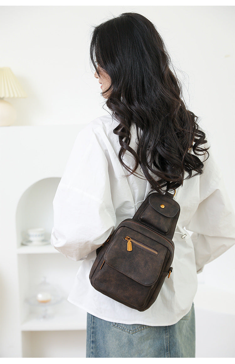Black Stylish PU Leather Sling Crossbody Bag for Women - Multi-Pocket Chest Pack with Adjustable Wide Strap V888-ELOSUNG32578