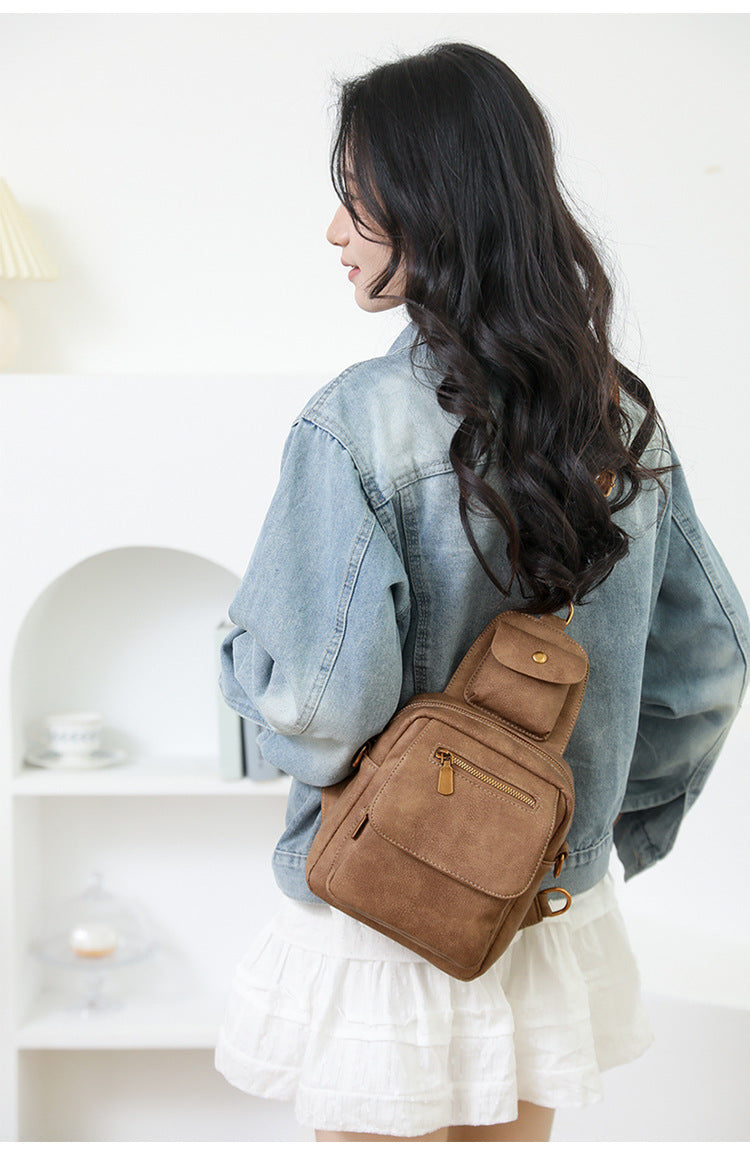 Brown Stylish PU Leather Sling Crossbody Bag for Women - Multi-Pocket Chest Pack with Adjustable Wide Strap V888-ELOSUNG32579
