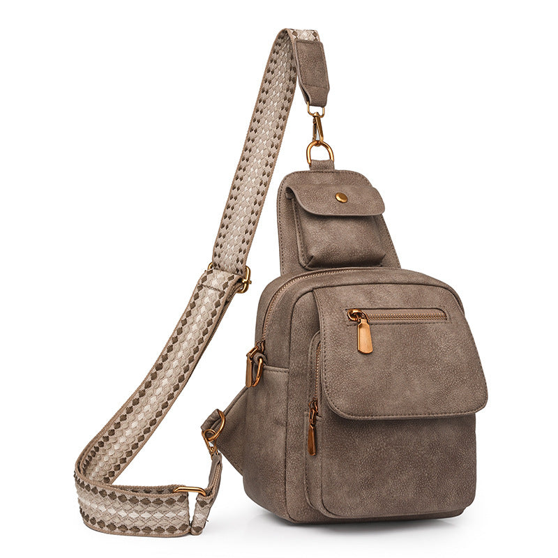 Khaki Stylish PU Leather Sling Crossbody Bag for Women - Multi-Pocket Chest Pack with Adjustable Wide Strap V888-ELOSUNG32580