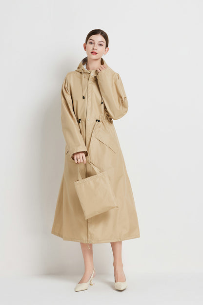 Size M Khaki Women's Chic Lightweight Waterproof Raincoat - Long Hooded Packable Rain Jacket with Pouch V888-ELOSUNG32621