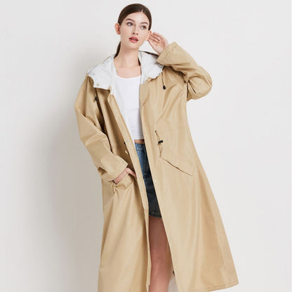Size M Khaki Women's Chic Lightweight Waterproof Raincoat - Long Hooded Packable Rain Jacket with Pouch V888-ELOSUNG32621