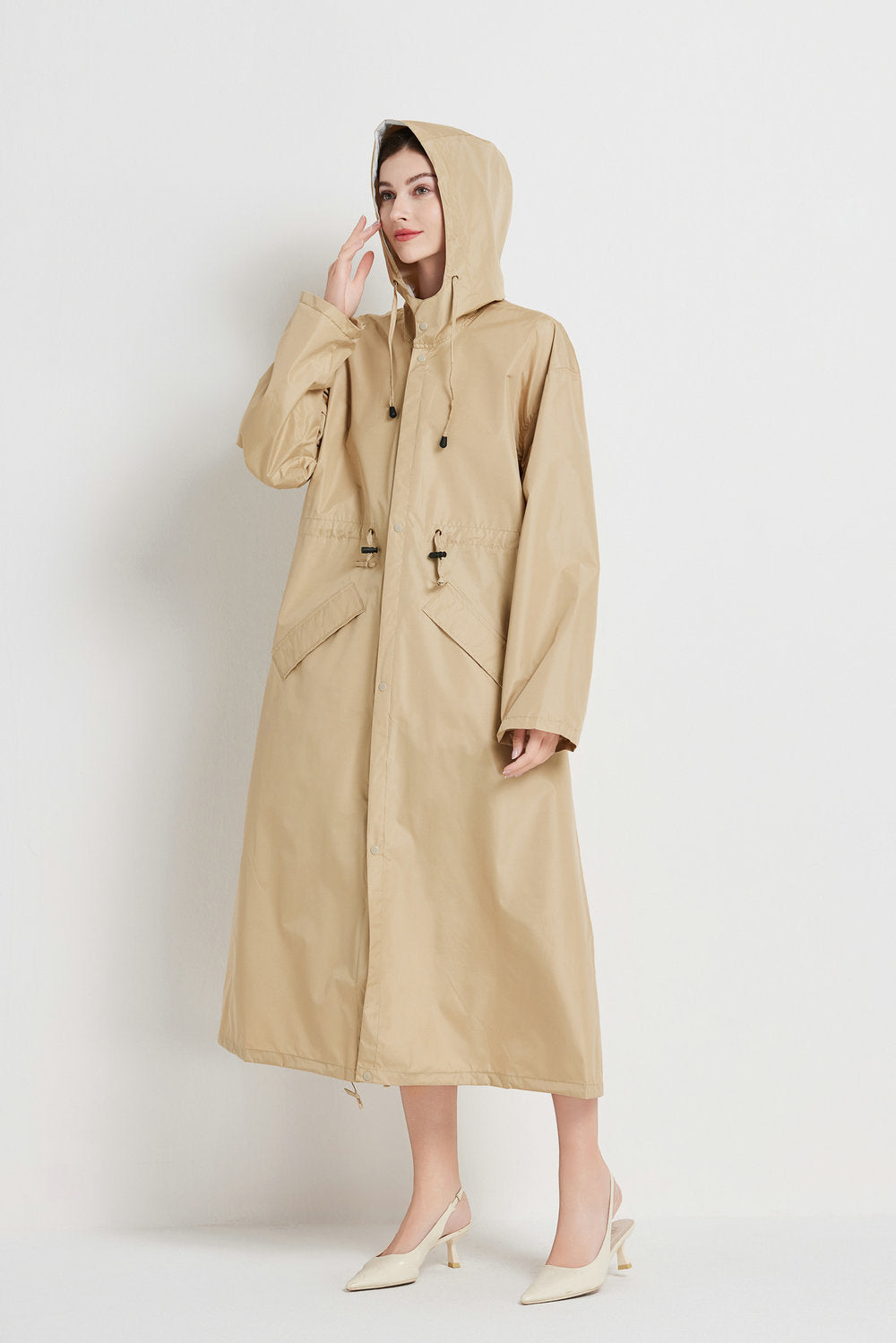 Size M Khaki Women's Chic Lightweight Waterproof Raincoat - Long Hooded Packable Rain Jacket with Pouch V888-ELOSUNG32621