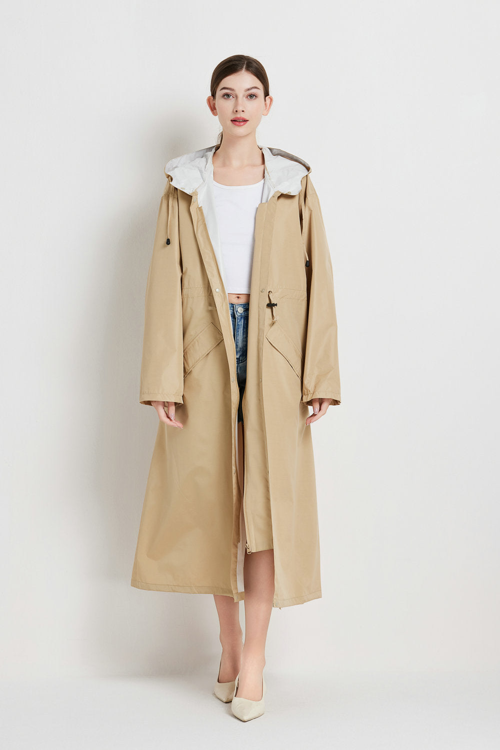 Size XL Khaki Women's Chic Lightweight Waterproof Raincoat - Long Hooded Packable Rain Jacket with Pouch V888-ELOSUNG32623