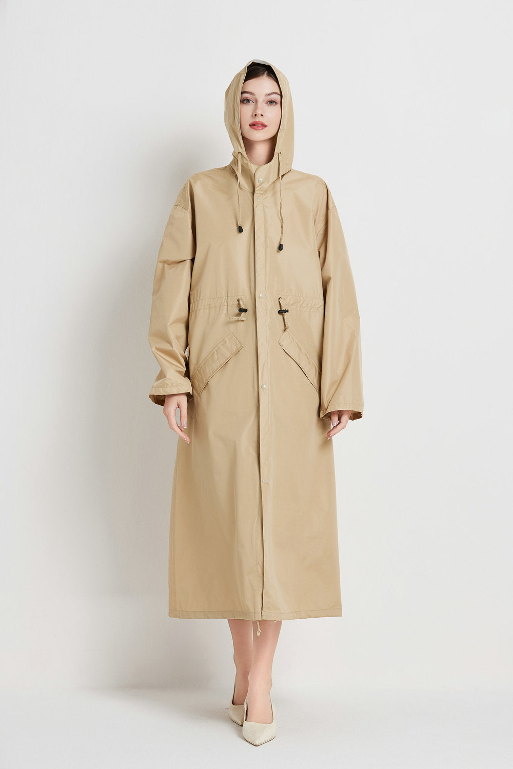 Size XL Khaki Women's Chic Lightweight Waterproof Raincoat - Long Hooded Packable Rain Jacket with Pouch V888-ELOSUNG32623