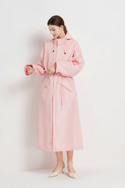 Size M Pink Women's Chic Lightweight Waterproof Raincoat - Long Hooded Packable Rain Jacket with Pouch V888-ELOSUNG32624