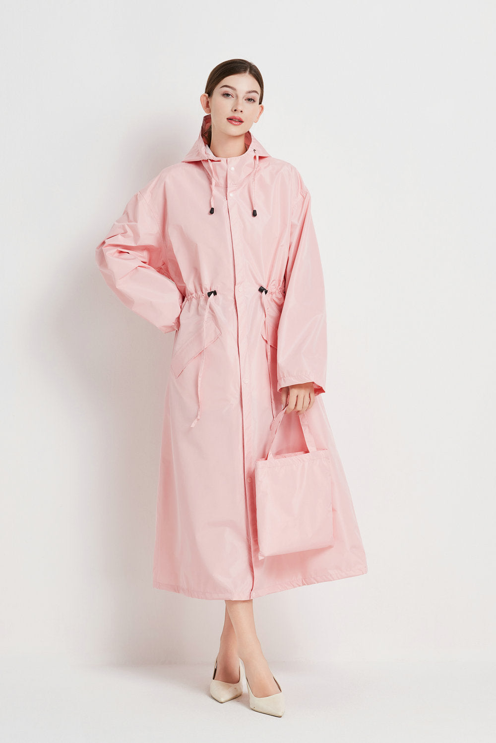 Size L Pink Women's Chic Lightweight Waterproof Raincoat - Long Hooded Packable Rain Jacket with Pouch V888-ELOSUNG32625