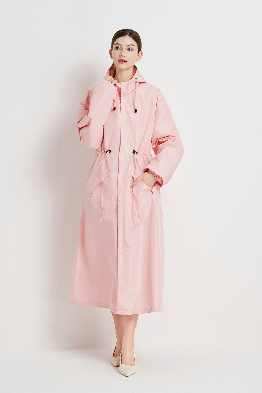 Size XL Pink Women's Chic Lightweight Waterproof Raincoat - Long Hooded Packable Rain Jacket with Pouch V888-ELOSUNG32626