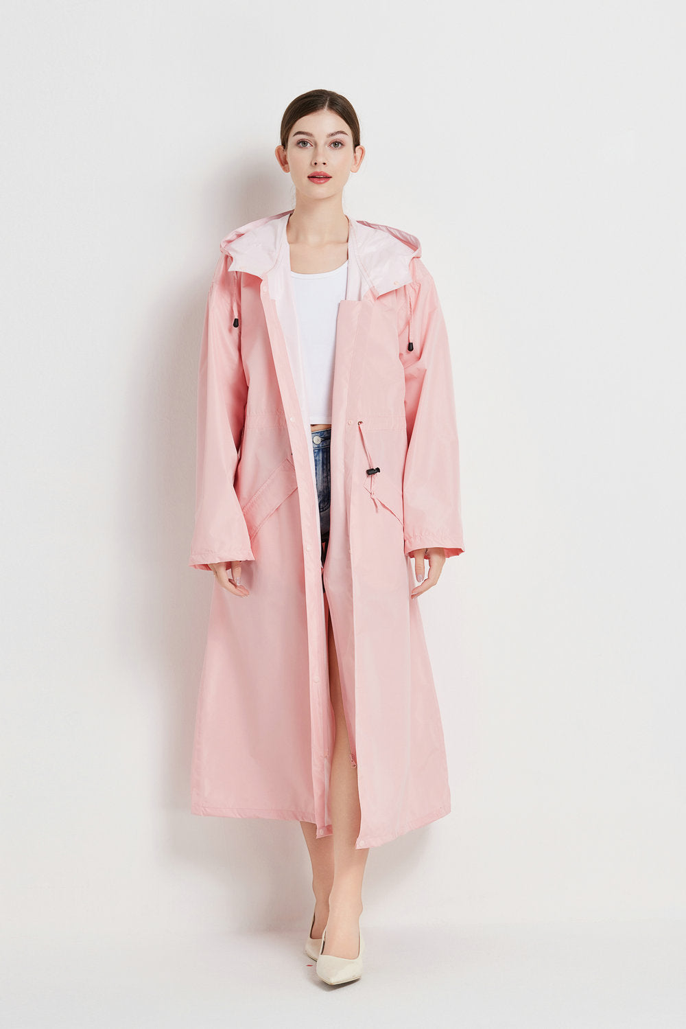 Size XL Pink Women's Chic Lightweight Waterproof Raincoat - Long Hooded Packable Rain Jacket with Pouch V888-ELOSUNG32626