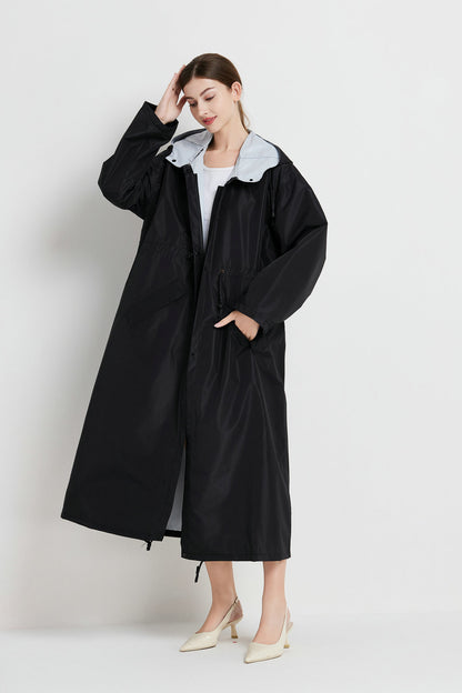 Size M Black Women's Chic Lightweight Waterproof Raincoat - Long Hooded Packable Rain Jacket with Pouch V888-ELOSUNG32627