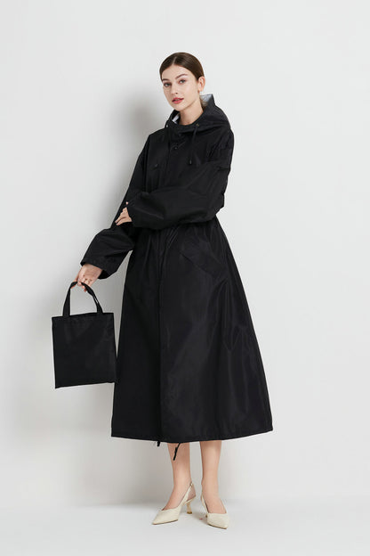 Size L Black Women's Chic Lightweight Waterproof Raincoat - Long Hooded Packable Rain Jacket with Pouch V888-ELOSUNG32628
