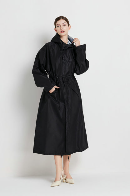 Size L Black Women's Chic Lightweight Waterproof Raincoat - Long Hooded Packable Rain Jacket with Pouch V888-ELOSUNG32628