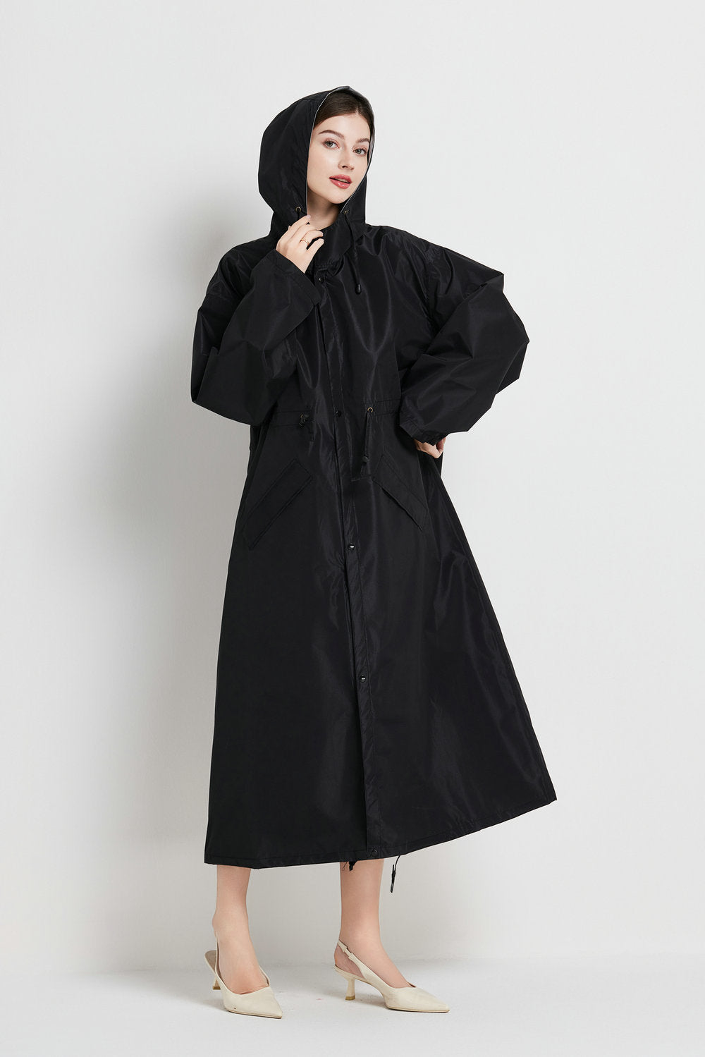 Size XL Black Women's Chic Lightweight Waterproof Raincoat - Long Hooded Packable Rain Jacket with Pouch V888-ELOSUNG32629