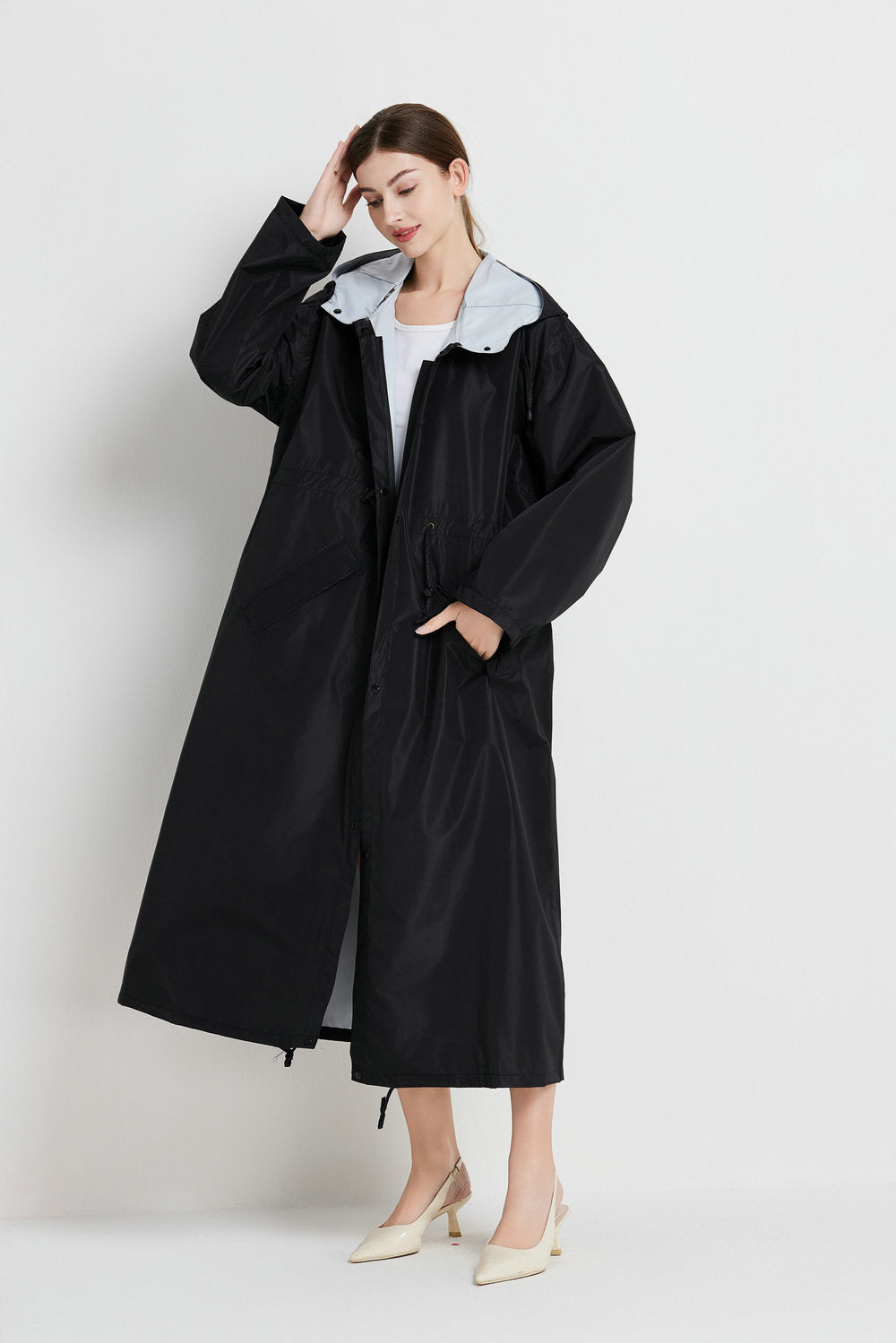 Size XL Black Women's Chic Lightweight Waterproof Raincoat - Long Hooded Packable Rain Jacket with Pouch V888-ELOSUNG32629