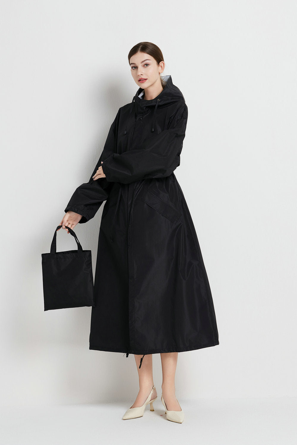 Size XL Black Women's Chic Lightweight Waterproof Raincoat - Long Hooded Packable Rain Jacket with Pouch V888-ELOSUNG32629