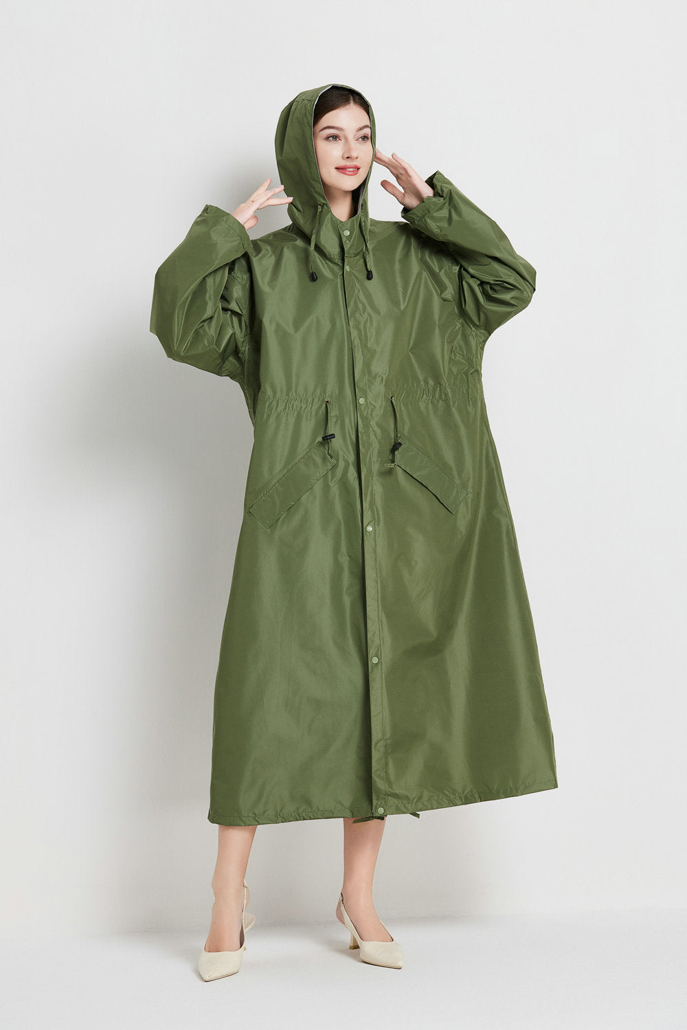 Size M Green Women's Chic Lightweight Waterproof Raincoat - Long Hooded Packable Rain Jacket with Pouch V888-ELOSUNG32630