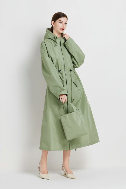 Size L Green Women's Chic Lightweight Waterproof Raincoat - Long Hooded Packable Rain Jacket with Pouch V888-ELOSUNG32631
