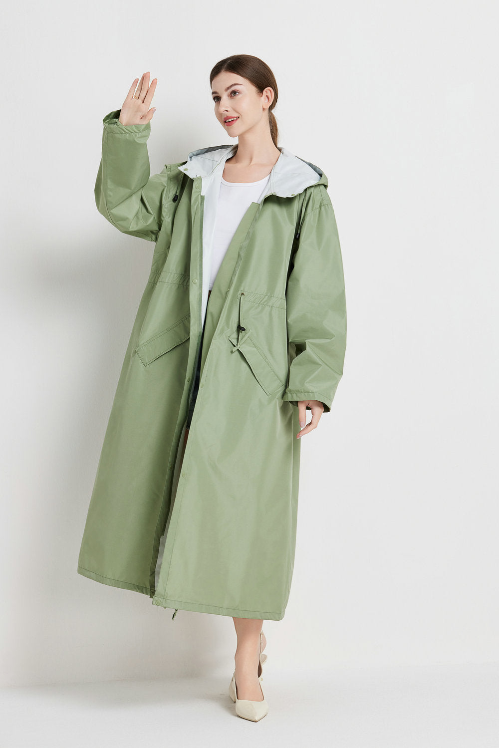 Size L Green Women's Chic Lightweight Waterproof Raincoat - Long Hooded Packable Rain Jacket with Pouch V888-ELOSUNG32631