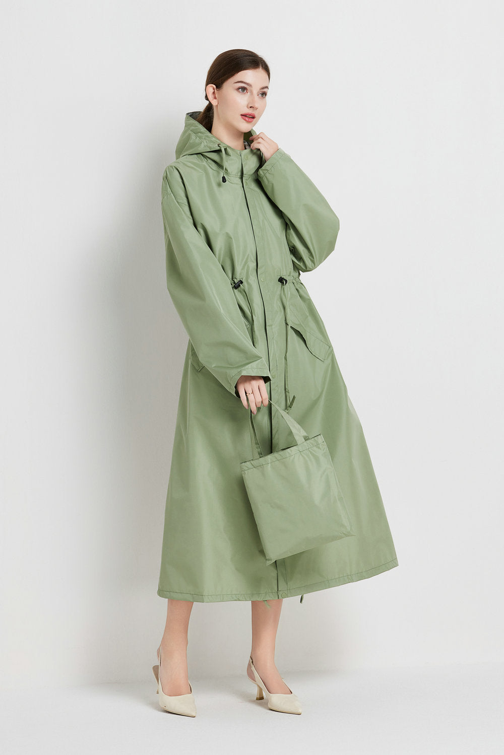 Size XL Green Women's Chic Lightweight Waterproof Raincoat - Long Hooded Packable Rain Jacket with Pouch V888-ELOSUNG32632