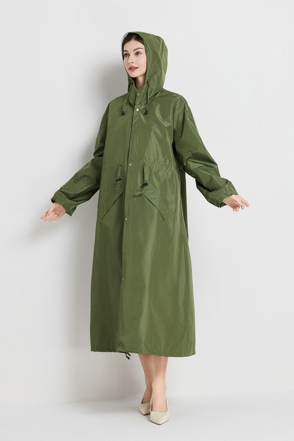 Size XL Green Women's Chic Lightweight Waterproof Raincoat - Long Hooded Packable Rain Jacket with Pouch V888-ELOSUNG32632